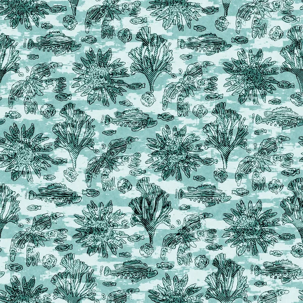 Aegean teal fish linen wash coastal background. Summer rustic beach cottage style fabric swatches. Under the sea life tropical fishes material. 2 tone turquoise batik textile seamless pattern. — Stock Photo, Image