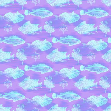 Ultraviyole yanardöner balık desenli arka plan. Modern dijital lavanta perisi denizin altında balık dokusu. Tropikal sakin sahil sağlığı her yerde..