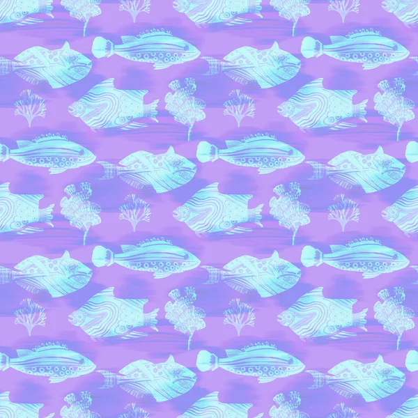 紫外线发亮的鱼图案背景.现代数码薰衣草在海鱼质感下呈紫色.热带平静的海岸健康处处可见. — 图库照片