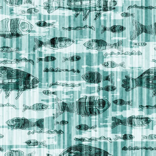 Banc de sarcelle égéen de lin de poisson laver fond nautique. Échantillons de tissu de style côtier d'été. Sous la vie marine natation poissons tropicaux matière. 2 ton bleu teint motif textile sans couture. — Photo