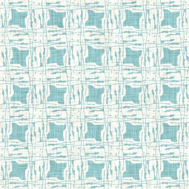 Ege teal geo ızgarası desenli keten doku arka planı. Yaz mevsiminde yaşam stili yıkama kontrol kumaşı etkisi. Deniz yeşili yıkama grunge sıkıntılı geometrik ızgara. Ev dekorasyonu tekniksiz desen