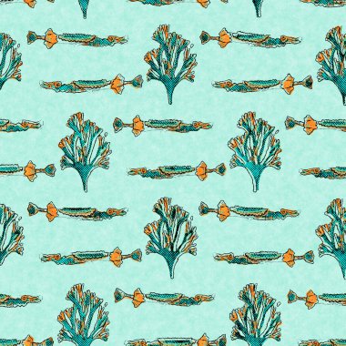Balık keten mercan sürüsü deniz altyapısını yıkar. Yaz sahili kumaş örnekleri. Deniz altında tropikal balıklar malzemelerle beslenir. 2 tonluk yeşil resif boyalı tekstil dikişsiz desen.