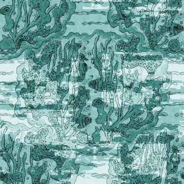  Ege 'nin deniz mavisi keteni kıyı geçmişini yıkar. Yazın kır evi tarzı kumaş örnekleri. Deniz altında tropikal balıklar malzemelerle beslenir. 2 tonluk turkuaz batik tekstil dikişsiz desen.