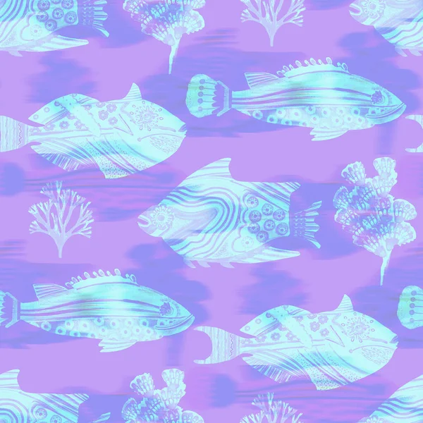 Fondo de patrón de peces iridiscentes ultravioleta. Lavanda digital moderna peri púrpura bajo la textura de los peces de mar. Tropical calm coastal wellness por todas partes imprimir. — Foto de Stock