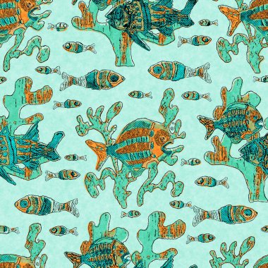 Balık keten mercan sürüsü deniz altyapısını yıkar. Yaz sahili kumaş örnekleri. Deniz altında tropikal balıklar malzemelerle beslenir. 2 tonluk yeşil resif boyalı tekstil dikişsiz desen.