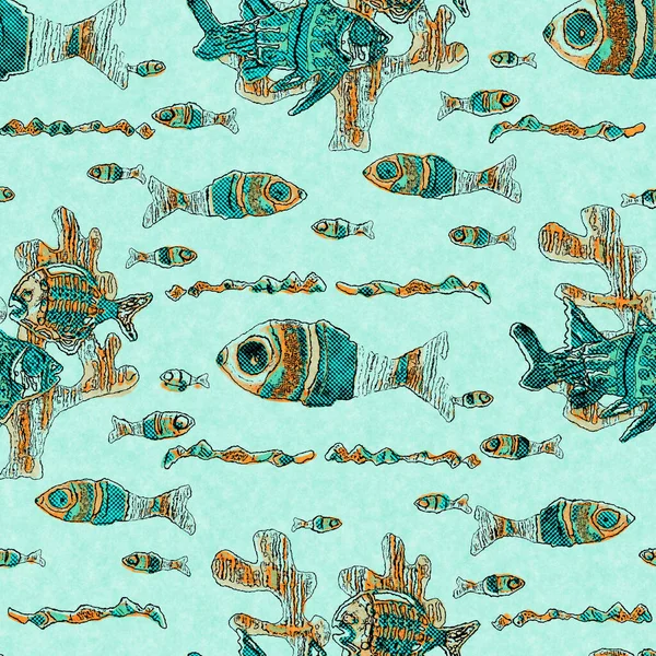Коралловый бирюзовый косяк из рыбного льняного белья на морском фоне. Летние образцы ткани в прибрежном стиле. Под морем растёт материал тропических рыб. 2-тонный зеленый риф окрашенный текстильной бесшовной картины. — стоковое фото