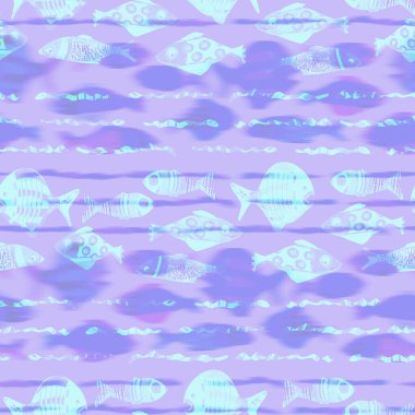 Ultraviyole yanardöner balık desenli arka plan. Modern dijital lavanta perisi denizin altında balık dokusu. Tropikal sakin sahil sağlığı her yerde..
