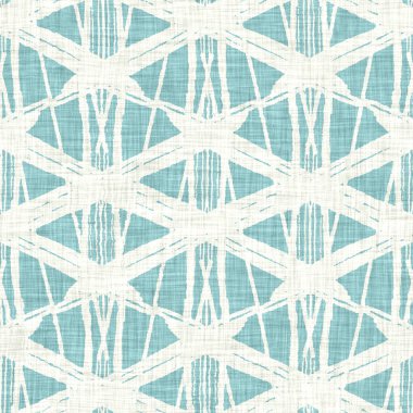 Ege teal geo ızgarası desenli keten doku arka planı. Yaz mevsiminde yaşam stili yıkama kontrol kumaşı etkisi. Deniz yeşili yıkama grunge sıkıntılı geometrik ızgara. Ev dekorasyonu tekniksiz desen