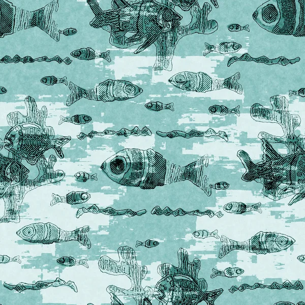 Эгейский бирюзовый косяк из рыбного льняного белья на морском фоне. Летние образцы ткани в прибрежном стиле. Под морем жизнь плавает тропических рыб материала. 2-тонный синий окрашенный текстиль бесшовный. — стоковое фото