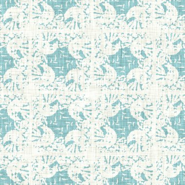 Ege teal geo ızgarası desenli keten doku arka planı. Yaz mevsiminde yaşam stili yıkama kontrol kumaşı etkisi. Deniz yeşili yıkama grunge sıkıntılı geometrik ızgara. Ev dekorasyonu tekniksiz desen