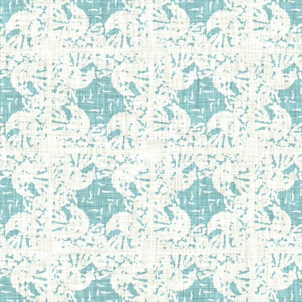 Aegean teal geo grid patterned linen texture background. Summer coastal living style wash check fabric effect. Sea green wash grunge distressed geometric grid. Home decor textile seamless pattern — Stock Photo, Image