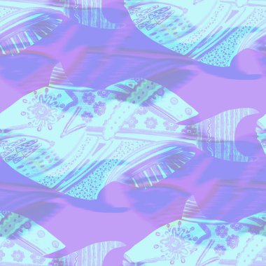 Ultraviyole yanardöner balık desenli arka plan. Modern dijital lavanta perisi denizin altında balık dokusu. Tropikal sakin sahil sağlığı her yerde..