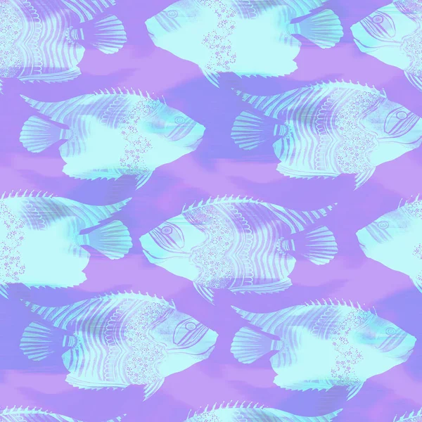 Peixe ultravioleta iridescente fundo padrão. Moderna lavanda digital peri roxo sob a textura peixes do mar. Bem-estar costeiro calmo tropical por toda a impressão. — Fotografia de Stock
