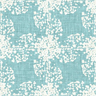 Ege teal geo ızgarası desenli keten doku arka planı. Yaz mevsiminde yaşam stili yıkama kontrol kumaşı etkisi. Deniz yeşili yıkama grunge sıkıntılı geometrik ızgara. Ev dekorasyonu tekniksiz desen