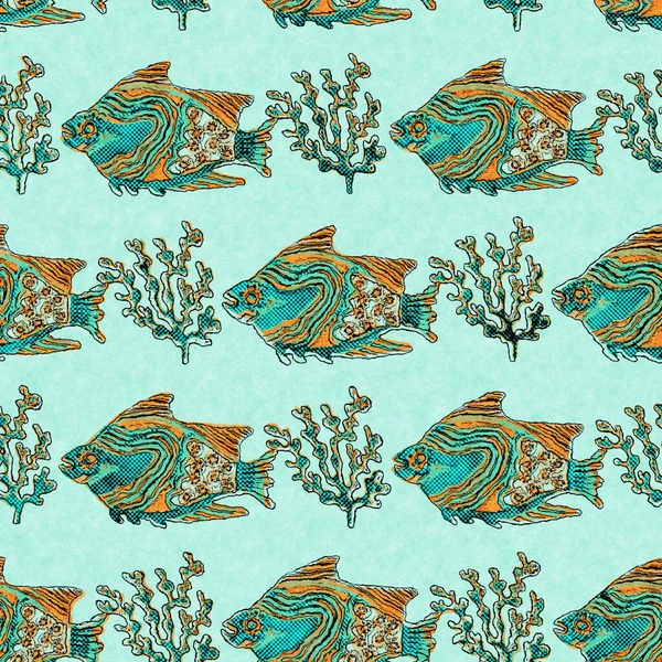 Banc de sarcelle de corail de lin de poisson laver fond nautique. Échantillons de tissu de style côtier d'été. Sous la vie marine poissons tropicaux matière. motif sans couture textile teint récif vert 2 tons. — Photo