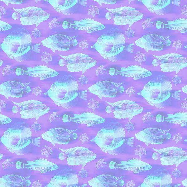 Ultraviolet iridescent fish pattern background. Modern digital lavender peri purple under the sea fishes texture. Tropical calm coastal wellness all over print. — Stock Photo, Image