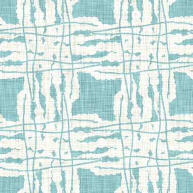 Ege teal geo ızgarası desenli keten doku arka planı. Yaz mevsiminde yaşam stili yıkama kontrol kumaşı etkisi. Deniz yeşili yıkama grunge sıkıntılı geometrik ızgara. Ev dekorasyonu tekniksiz desen