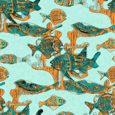 Balık keten mercan sürüsü deniz altyapısını yıkar. Yaz sahili kumaş örnekleri. Deniz altında tropikal balıklar malzemelerle beslenir. 2 tonluk yeşil resif boyalı tekstil dikişsiz desen.