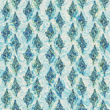 Ege Teal deniz kabuğu deniz kabuğu kusursuz desen. Grunge ev dekorasyonu kumaş tekstil ürünleri için soluk keten efekt arka planı. 