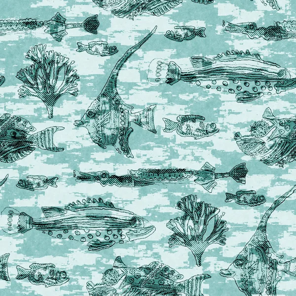 Aegean teal shoal of fish linen wash nautical background. Summer coastal style fabric swatches. Under the sea life swimming tropical fishes material. 2 tone blue dyed textile seamless pattern. — Stock Photo, Image