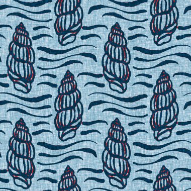 Indigo Blue Seashell deniz kabuğu kusursuz desen. Klasik nantucket kumaş, tekstil, blok baskı tarzında modern deniz kabuğu baskısı. Yaz 2 ton yüksek kontrastlı jpg fayans örneği