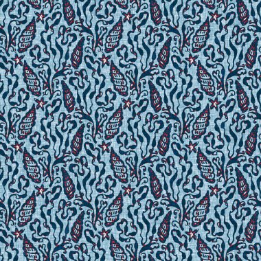 Indigo Blue Seashell deniz kabuğu kusursuz desen. Klasik nantucket kumaş, tekstil, blok baskı tarzında modern deniz kabuğu baskısı. Yaz 2 ton yüksek kontrastlı jpg fayans örneği