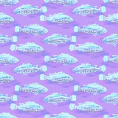 Ultraviyole yanardöner balık desenli arka plan. Modern dijital lavanta perisi denizin altında balık dokusu. Tropikal sakin sahil sağlığı her yerde..