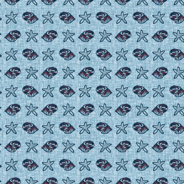 İndigo mavisi, kırmızı deniz kabuğu, kusursuz deniz kabuğu şekli. Klasik nantucket kumaş, tekstil, blok baskı tarzında modern deniz kabuğu baskısı. Yaz 2 ton yüksek kontrastlı jpg fayans örneği