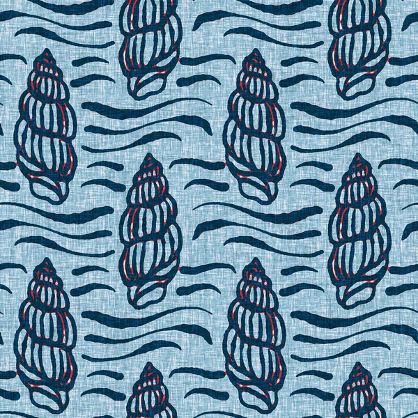 Indigo Blue Seashell patrón náutico sin costuras. Impresión de concha marina moderna en tejido nantucket clásico estilo de impresión de bloque dibujado a mano. Verano 2 tono de alto contraste jpg muestra de azulejo — Foto de Stock