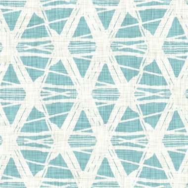 Ege teal geo ızgarası desenli keten doku arka planı. Yaz mevsiminde yaşam stili yıkama kontrol kumaşı etkisi. Deniz yeşili yıkama grunge sıkıntılı geometrik ızgara. Ev dekorasyonu tekniksiz desen