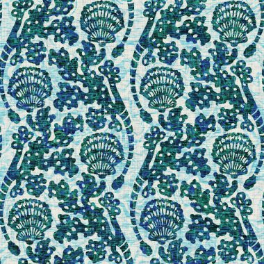 Ege Teal deniz kabuğu deniz kabuğu kusursuz desen. Grunge ev dekorasyonu kumaş tekstil ürünleri için soluk keten efekt arka planı. 