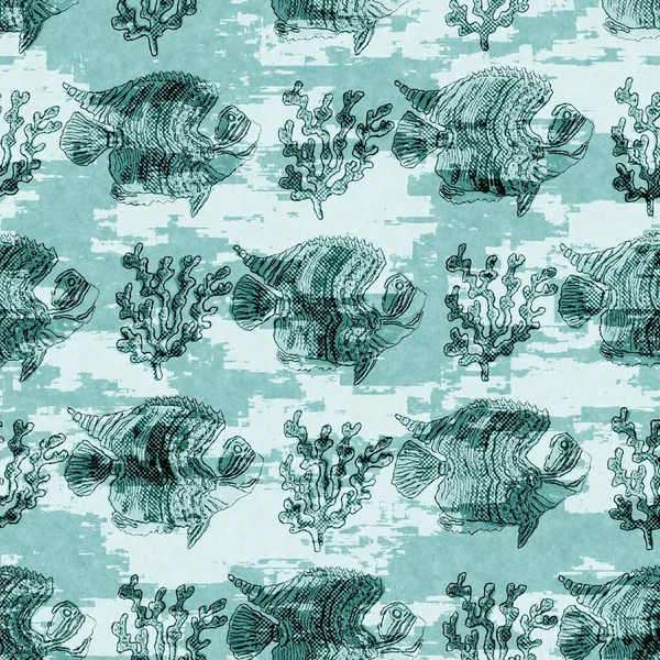 Aegean teal shoal of fish linen wash nautical background. Summer coastal style fabric swatches. Under the sea life swimming tropical fishes material. 2 tone blue dyed textile seamless pattern. — Stock Photo, Image