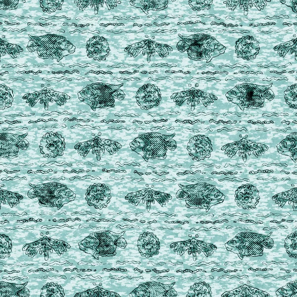 Egejské telecí hejno rybího lnu myje námořní zázemí. Letní pobřežní styl pruhy tkanin. Pod mořem život plavání tropické ryby materiálu. 2 tón modrá barvená textilie bezešvé vzor. — Stock fotografie