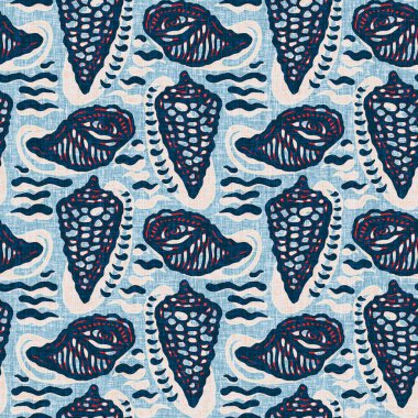 Indigo Blue Seashell deniz kabuğu kusursuz desen. Klasik nantucket kumaş, tekstil, blok baskı tarzında modern deniz kabuğu baskısı. Yaz 2 ton yüksek kontrastlı jpg fayans örneği