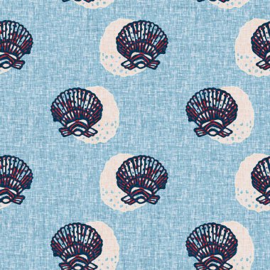 Indigo Blue Seashell deniz kabuğu kusursuz desen. Klasik nantucket kumaş, tekstil, blok baskı tarzında modern deniz kabuğu baskısı. Yaz 2 ton yüksek kontrastlı jpg fayans örneği