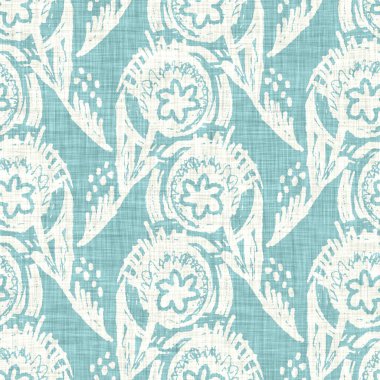 Ege mavisi, çiçekli keten desenli arka plan. Yaz kıyı yaşam tarzı 2 ton kumaş etkisi. Deniz yeşili yıkanmış grunge malzemesi. Dekoratif çiçek motifi tekstil dikişsiz desen