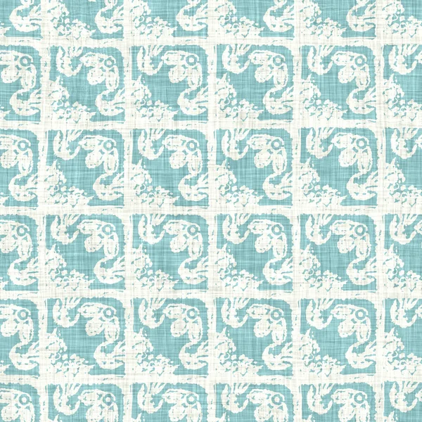 Egeïsche teal geo grid patroon linnen textuur achtergrond. Zomer kustleven stijl wassen check stof effect. Zeegroen wassen grunge noodlijdend geometrisch raster. Home decor textiel naadloos patroon — Stockfoto