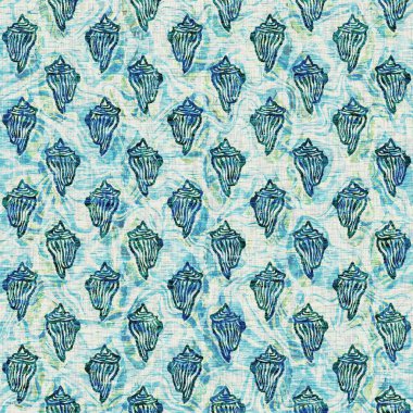 Ege Teal deniz kabuğu deniz kabuğu kusursuz desen. Grunge ev dekorasyonu kumaş tekstil ürünleri için soluk keten efekt arka planı. 