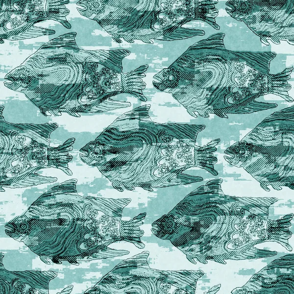 Banc de sarcelle égéen de lin de poisson laver fond nautique. Échantillons de tissu de style côtier d'été. Sous la vie marine natation poissons tropicaux matière. 2 ton bleu teint motif textile sans couture. — Photo