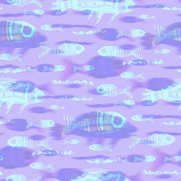 Fondo de patrón de peces iridiscentes ultravioleta. Lavanda digital moderna peri púrpura bajo la textura de los peces de mar. Tropical calm coastal wellness por todas partes imprimir. — Foto de Stock