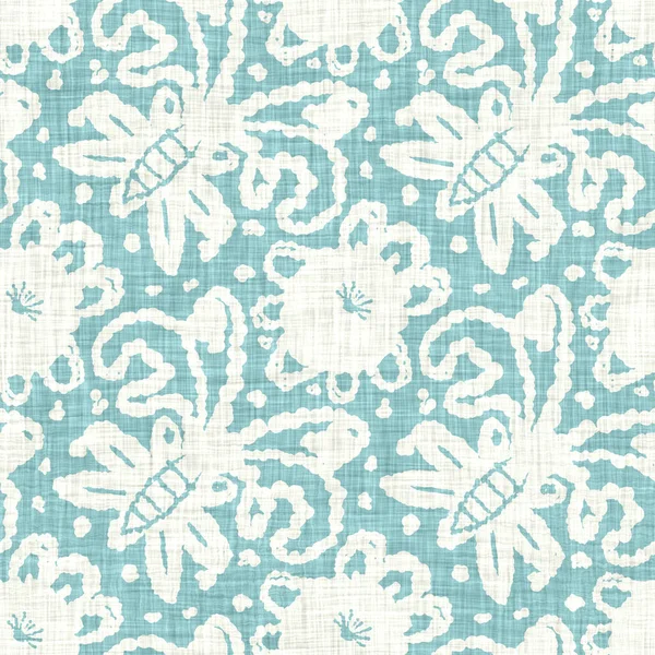 Aegean teal mottled flower linen texture background. Summer coastal living style 2 tone fabric effect. Sea green wash distressed grunge material. Decorative floral motif textile seamless pattern — Stock Photo, Image