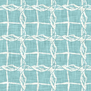 Ege teal geo ızgarası desenli keten doku arka planı. Yaz mevsiminde yaşam stili yıkama kontrol kumaşı etkisi. Deniz yeşili yıkama grunge sıkıntılı geometrik ızgara. Ev dekorasyonu tekniksiz desen