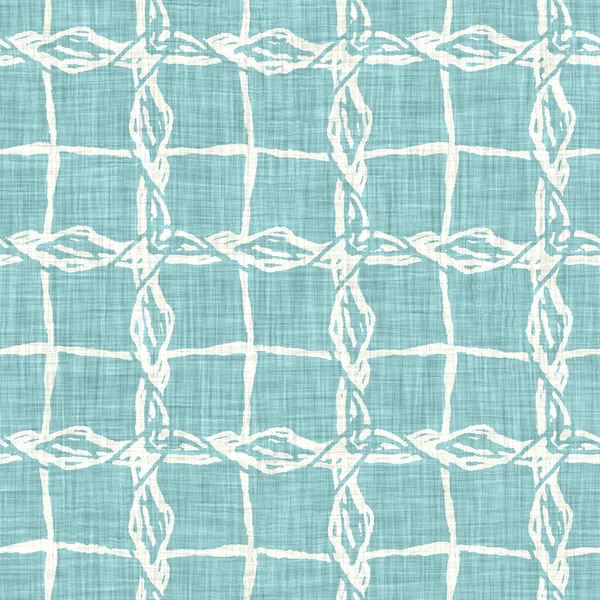 Ege teal geo ızgarası desenli keten doku arka planı. Yaz mevsiminde yaşam stili yıkama kontrol kumaşı etkisi. Deniz yeşili yıkama grunge sıkıntılı geometrik ızgara. Ev dekorasyonu tekniksiz desen
