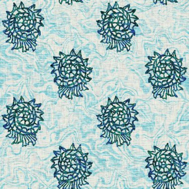 Ege Teal deniz kabuğu deniz kabuğu kusursuz desen. Grunge ev dekorasyonu kumaş tekstil ürünleri için soluk keten efekt arka planı. 