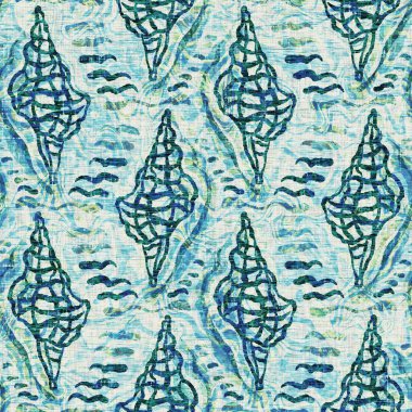 Ege Teal deniz kabuğu deniz kabuğu kusursuz desen. Grunge ev dekorasyonu kumaş tekstil ürünleri için soluk keten efekt arka planı. 