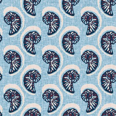 Indigo Blue Seashell deniz kabuğu kusursuz desen. Klasik nantucket kumaş, tekstil, blok baskı tarzında modern deniz kabuğu baskısı. Yaz 2 ton yüksek kontrastlı jpg fayans örneği
