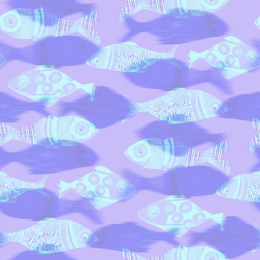 Ultraviyole yanardöner balık desenli arka plan. Modern dijital lavanta perisi denizin altında balık dokusu. Tropikal sakin sahil sağlığı her yerde..