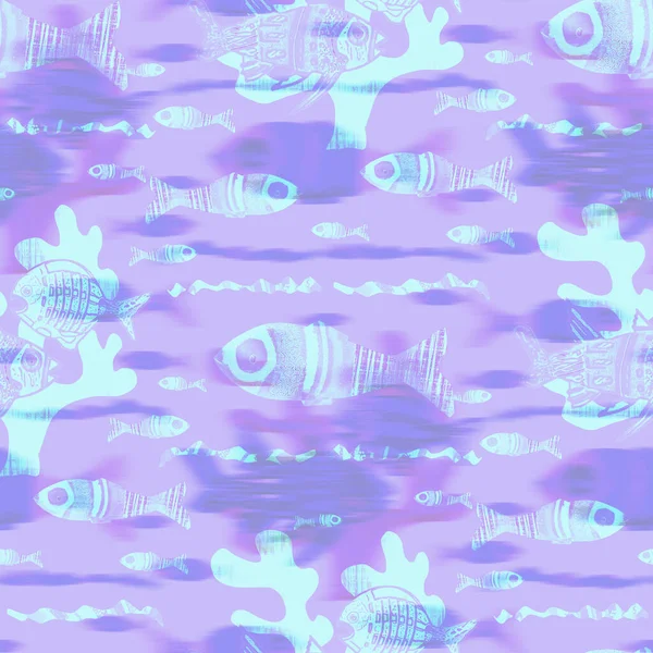 Sfondo modello di pesce iridescente ultravioletto. Moderna lavanda digitale peri viola sotto la texture pesci di mare. Calma tropicale benessere costiero all over print. — Foto Stock