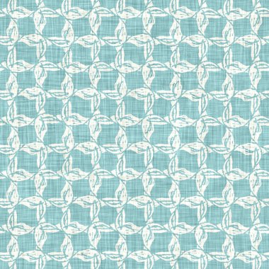 Ege teal geo ızgarası desenli keten doku arka planı. Yaz mevsiminde yaşam stili yıkama kontrol kumaşı etkisi. Deniz yeşili yıkama grunge sıkıntılı geometrik ızgara. Ev dekorasyonu tekniksiz desen