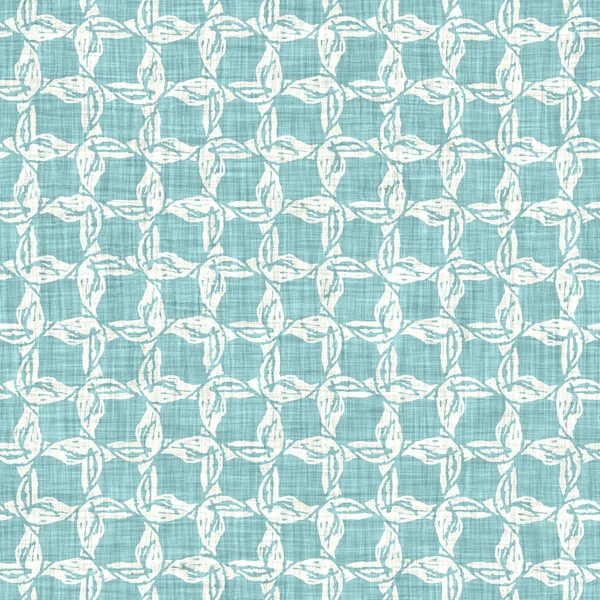 Aegean teal geo grid patterned linen texture background. Summer coastal living style wash check fabric effect. Sea green wash grunge distressed geometric grid. Home decor textile seamless pattern — Stock Photo, Image